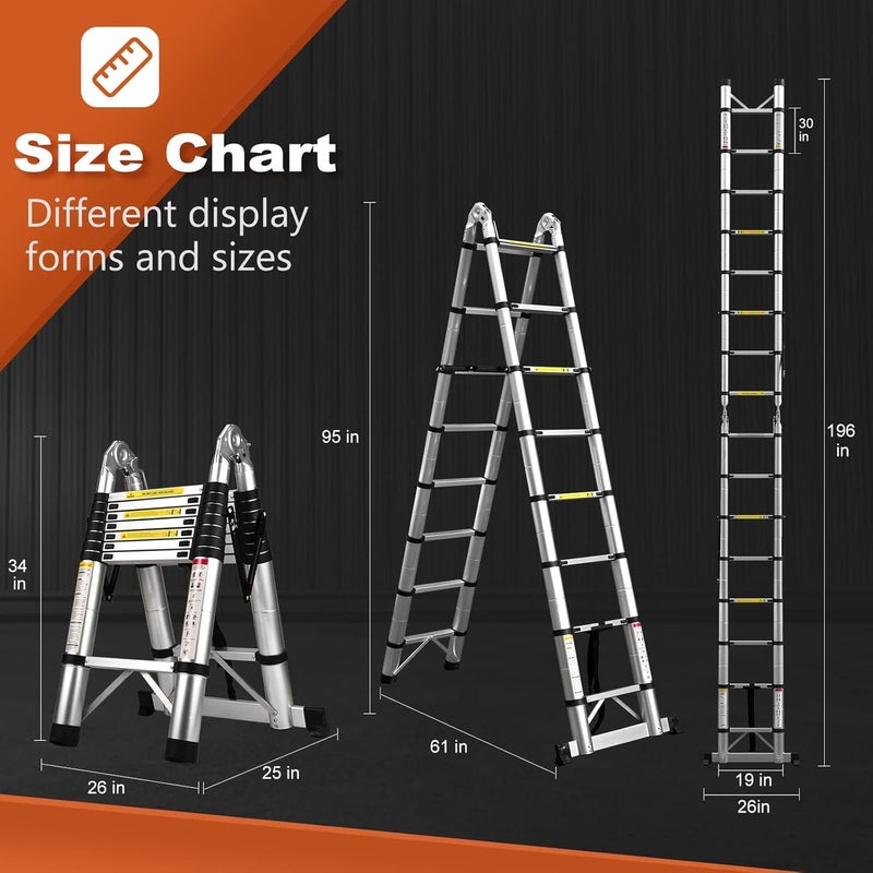 Soctone Telescoping Ladder A Frame, 16.5 Ft Compact Aluminum Extension Ladder, Portable Telescopic RV Ladder for Outdoor Camper Trips Motorhome with Tool Platform and Stabilizer Bar, 330 lb Capacity - Image 3